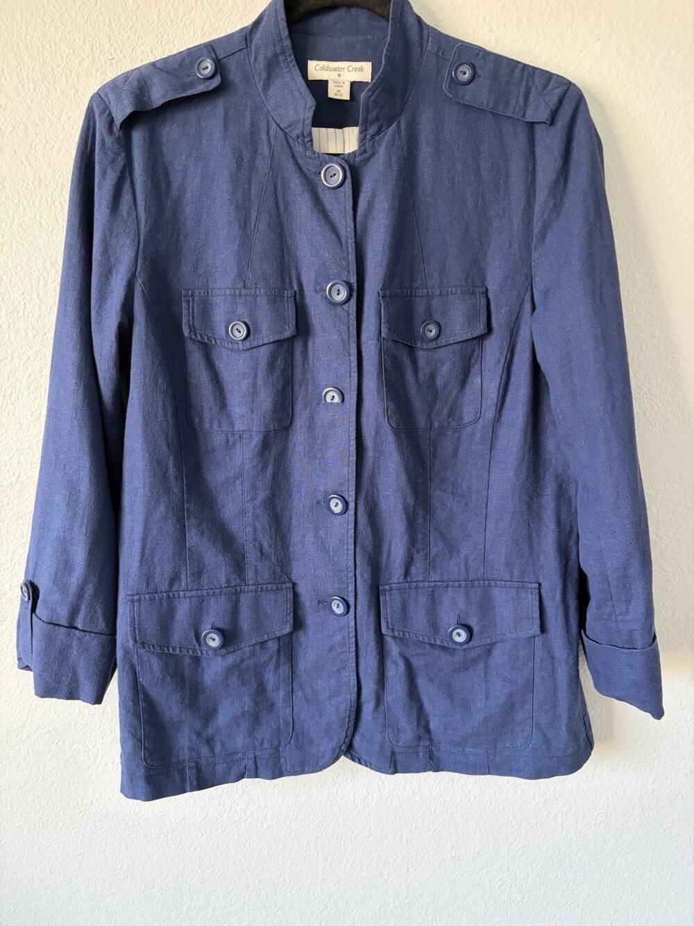 Coldwater Creek Linen Blend Women's M Blue Button up Military Jacket w/ pockets